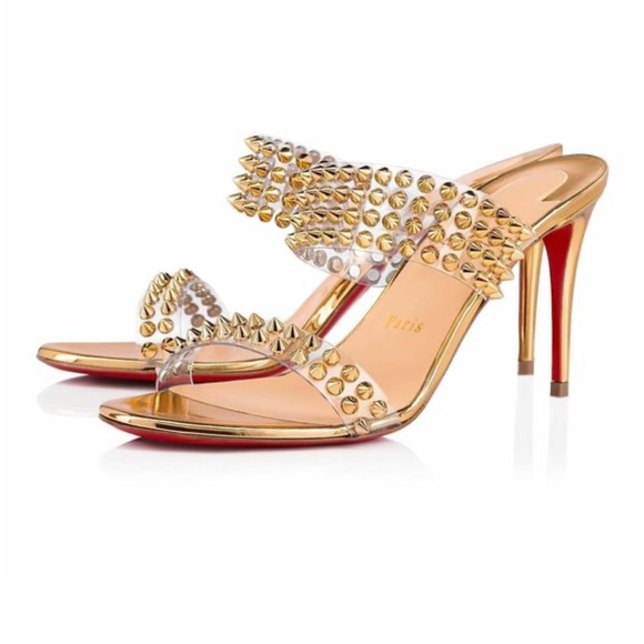 Christian Louboutin Spikes Only 85 Gold PVC Slide Mule Open Sandal Heel Pump 35 - Picture 10 of 10